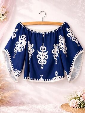 Blue Off-Shoulder Blouse with Vintage Print